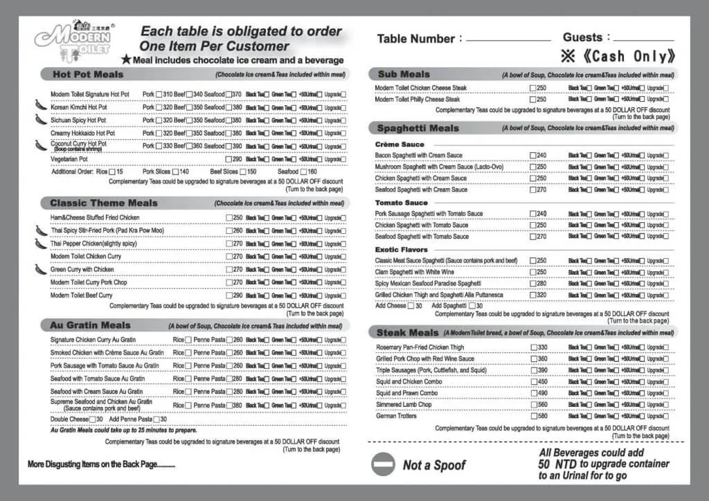 Modern Toilet Restaurant menu