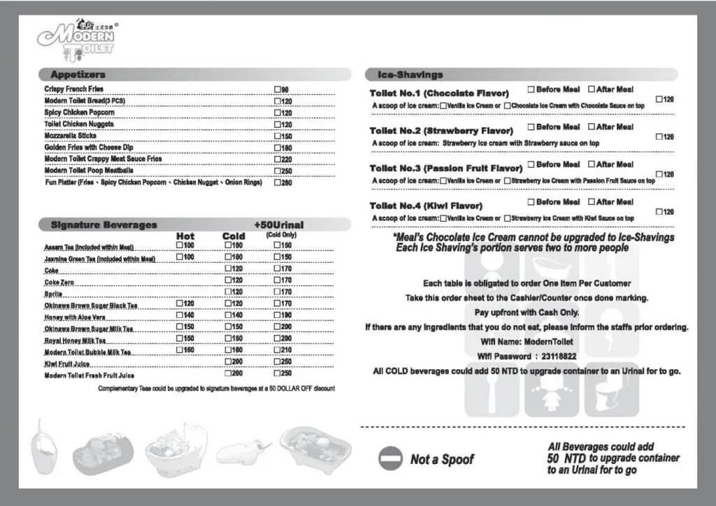 Modern Toilet Restaurant menu