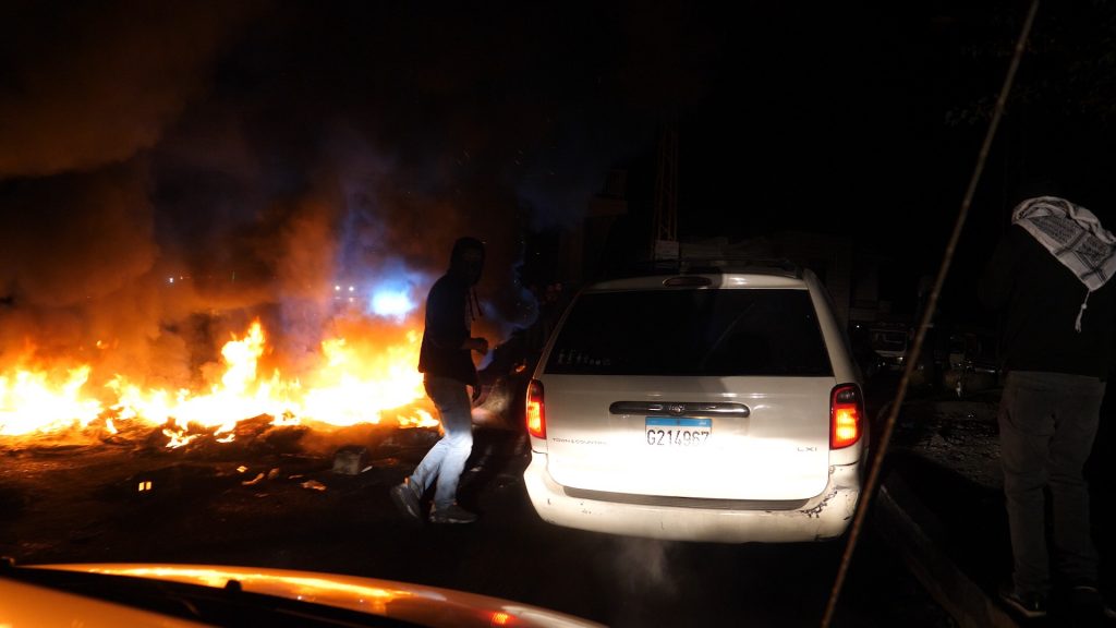 Burning road blocks in Lebanon