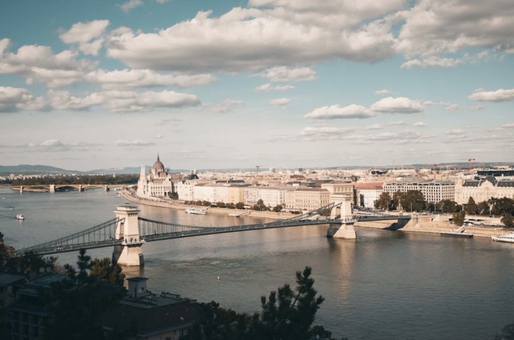 Panoramic view of Budapest with Szechenyi Chain Bridge over the Danube River